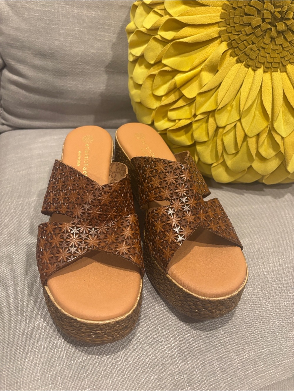 Eric Michael Brown Laser-Cut Leather Wedge Sandals